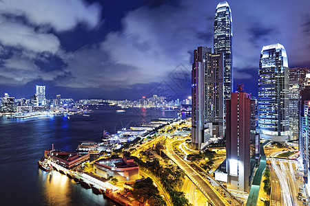 城市天际线夜景香港市之夜日落大楼景观商业地标天际摩天大楼游客烟雾场景背景