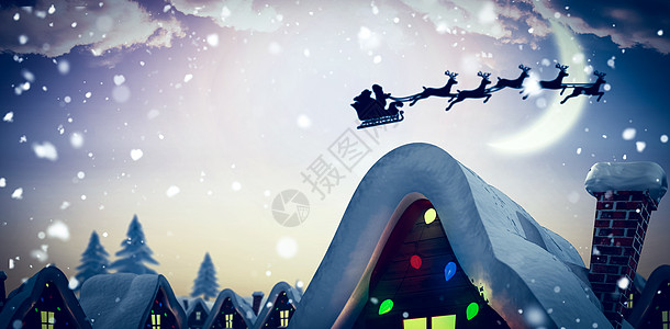 圣诞节夜景送圣诞老人给村庄的礼物飞行跑步绘图月亮假期阴影驯鹿喜庆雪橇房子背景