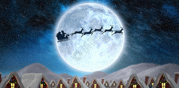 送圣诞老人给村庄的礼物满月古雅极光喜庆蓝色飞行计算机假期房子跑步图片