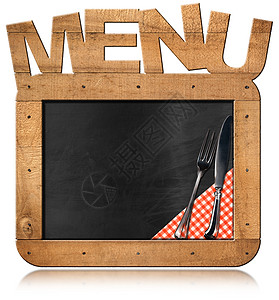 有文本菜单的旧空黑黑板食谱午餐厨房刀具木板长方形木头餐具餐厅食物图片
