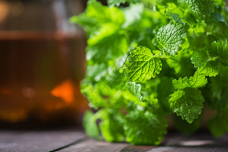 茶和青绿新鲜美莉萨烹饪小枝框架宏观植物群桌子植被植物香气香料图片