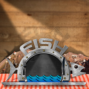 带有渔网的黑板鱼食物餐厅菜单午餐桌布服务木头舷窗圆顶金属图片