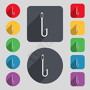 渔船钩图标符号 一组由12个彩色按钮和长阴影组成图片