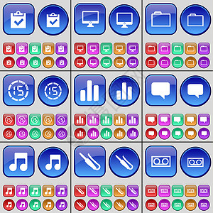 调查 监视器 文件夹 倒计时 图表 聊天气泡 笔记 麦克风连接器 盒式磁带 一大套多色按钮图片