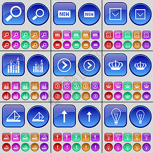 新建图标放大镜 新建 向下箭头 图形 向右箭头 皇冠 消息 向上箭头 灯泡 一大套多色按钮背景