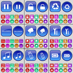 步骤图暂停 锁定 回收 万圣节 云 扳手 笔记 USB 电池 一大套多色按钮背景