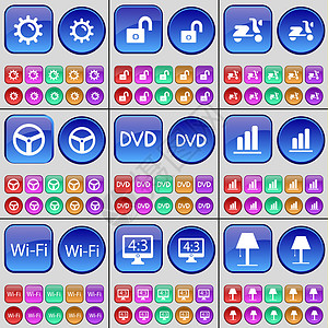 齿轮 锁 滑板车 轮子 DVD 图表 Wi-Fi 监视器 灯 一大套多色按钮图片