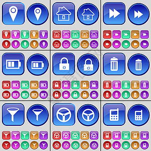 直通车图检查站 房屋 倒带 电池 锁 垃圾桶 洒水装置 轮子 手机 一大套多色按钮背景