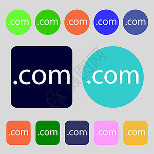 域 COM 标志图标 顶级互联网域符号 12 个彩色按钮 平面设计图片