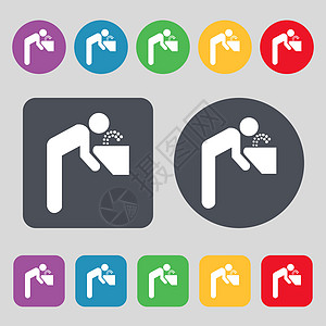 饮用喷泉图标符号 由12个彩色按钮组成 设计平坦图片