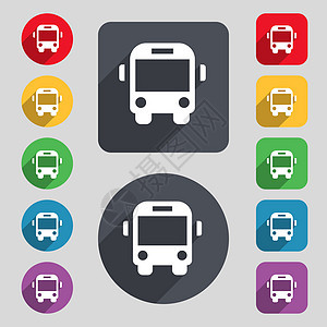 公交车图标符号 一组由12个彩色按钮和长阴影组成 设计平坦图片
