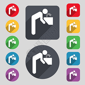 饮用喷泉图标符号 由12个彩色按钮和长阴影组成 设计平坦图片