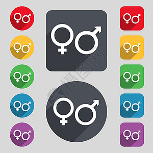 男性和女性图标符号 一组由12个彩色按钮和长阴影组成 设计平坦图片