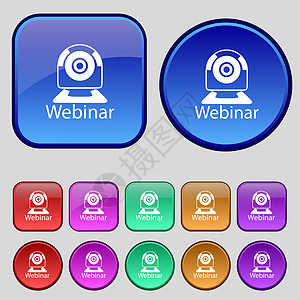 Webinar 网络相机标志图标 在线网络研究符号 网上电子学习导航 一组彩色按钮课程令牌徽章摄像头质量标签凸轮教育研讨会邮票图片