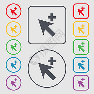 光标 箭头加号 添加图标符号 带有框架的圆形和方形按钮上的符号背景图片