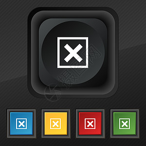 取消图标符号 在黑色纹理上设置五个彩色 时髦的按钮 用于设计设计贴纸夹子横幅插图邮票警告市场网络互联网图片