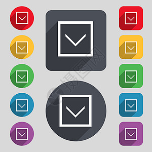 向下箭头 下载 加载 备份图标符号 一组 12 个彩色按钮和一个长长的阴影 平面设计技术界面绘画邮票标签电脑网络浏览器数据插图图片