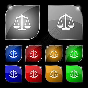 司法的天平签署图标 法院法律符号 设置多彩的按钮邮票质量制药徽章创造力惩罚令牌法庭测量重量图片