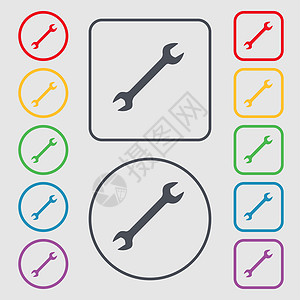 扳手图标符号 圆形上的符号和带框架的平方按钮钳工工具社区钥匙建设者承包商网站力量工业机械图片