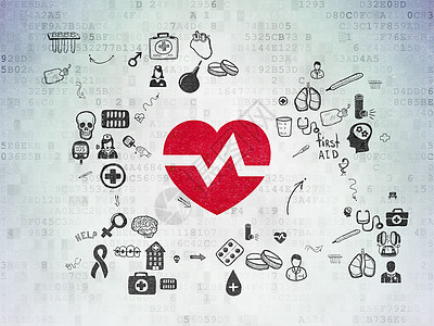 健康概念 数字纸张背景的心脏在数字纸上医生方案康复箭头技术图表脉冲药品代码绘画图片