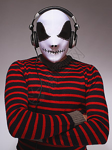 戴面罩的Dj打碟机音乐面具男性耳机男人条纹套装成人图片