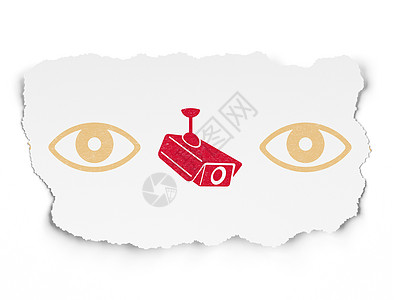 保护概念 刻纸背景上的 ccctv 相机图标视频白色报纸眼球监视犯罪隐私攻击红色绘画图片