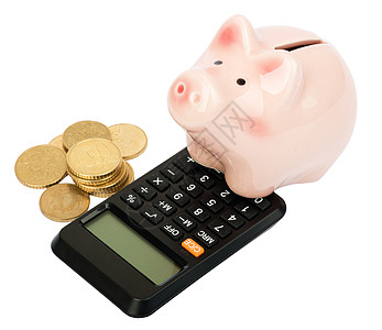 装有计算器和硬币的小猪银行白色金子现金粉色小猪储蓄利润财富银行业货币图片