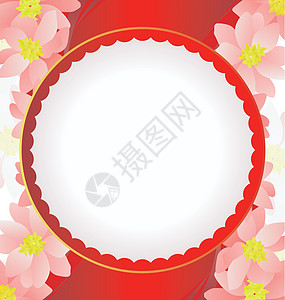 红色花朵背景与白色圆圈标签花瓣植物叶子水彩框架艺术温泉漩涡花圈图片