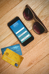 信用卡的复合形象图电话塑料帐户芯片别针卡片太阳镜屏幕木头界面图片