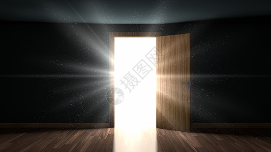 明亮房间透过开关门的房间里的灯光和粒子背景