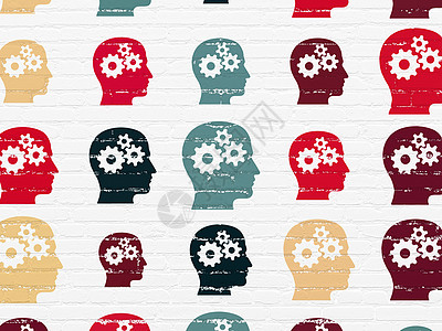对话框图标商业概念 在墙壁背景上印有头戴齿轮图标建筑思考交易技术绘画项目公司领导者工作金融背景