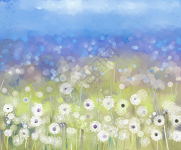 油画野花素材草原上白花朵的油画花粉绘画中风季节帆布香味花朵荒野场地艺术背景