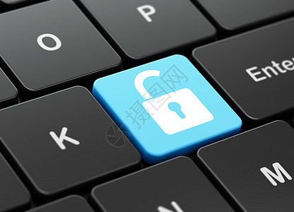计算机键盘背景上的安全概念打开挂锁犯罪按钮软垫攻击网络隐私数据裂缝技术蓝色图片
