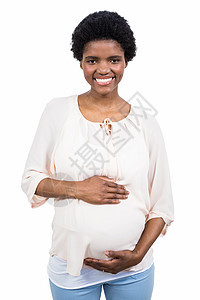 孕妇触摸其肚子护理黑色保健卫生微笑白色孕妇装女性生长按摩图片
