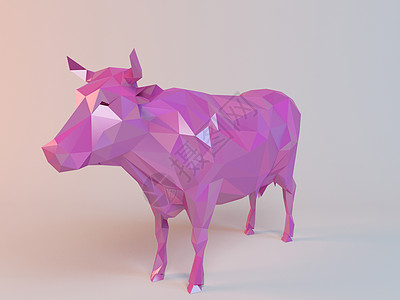 3D 粉红色低极聚牛三角形皮肤孩子们插图动物园牛角动物折纸哺乳动物艺术图片