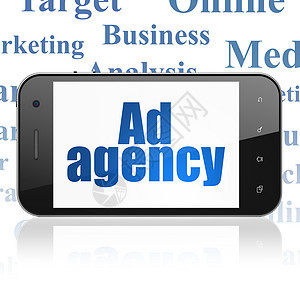 营销概念 与代理机构一起展示智能手机创造力白色公关标签触摸屏技术黑色广告工具宣传图片