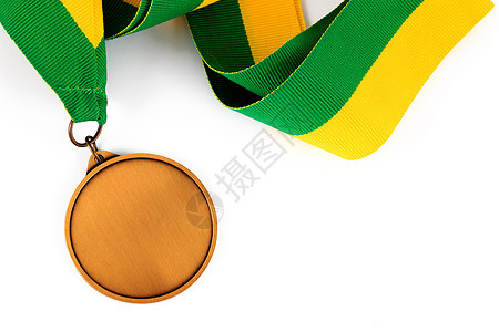 白色背景的金牌 文字空白 前景是黄绿色丝带的金牌庆典运动花环桂冠胜利标签金子荣誉徽章竞赛图片
