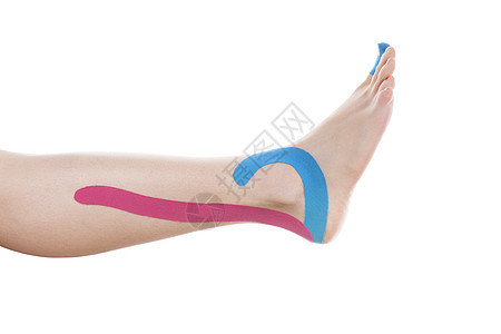 女性脚踝上的治疗胶带棕榈白色疾病疼痛病人医疗磁带理疗水平运动机图片