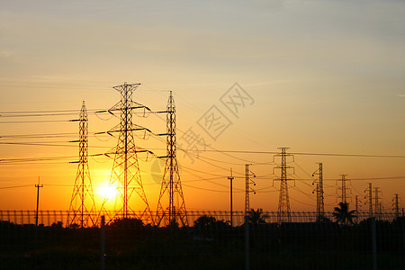 输电输电线路电气天空日落紧张线条活力变电站电压电线力量图片