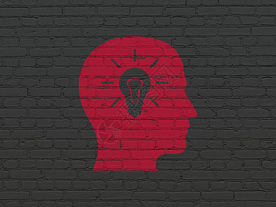 广告概念头与背景墙上的灯泡伙伴头脑管子产品市场思考风暴品牌领导者战略图片