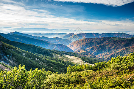 远处的山绿山和青山国家爬坡旅游旅行日落森林环境岩石天空太阳背景