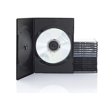 白色背景上带光盘的 DVD 盒射线磁盘记录案件蓝光数据贮存标签办公室盒子图片