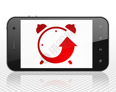时间轴概念智能手机与闹钟上显示倒数戒指红色渲染时间警报历史日程黑色3d图片