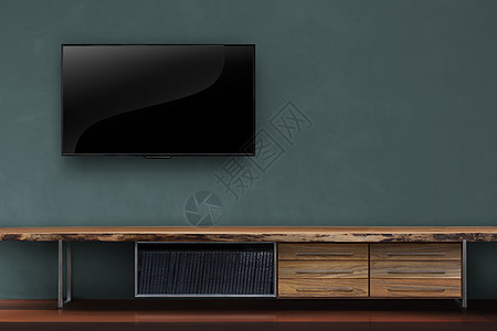 Tv在墙上挂着木制桌介质 在客厅工具享受压板水泥木头平板玩家娱乐阁楼电视图片