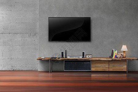 Tv在墙上挂着木制桌介质 在客厅木头房间屏幕水泥玩家平板扬声器娱乐架子工具图片
