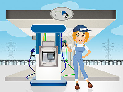 女孩加油站服务员车站工作生态汽油活力工业行星快乐插图服务图片