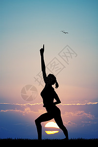 日落时的体积平衡插图女性运动头脑身体训练瑜伽太极女士女孩背景图片