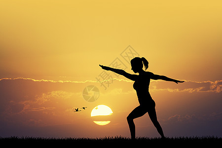 日落时的体积平衡训练头脑插图运动身体瑜伽女性女孩女士太极背景图片