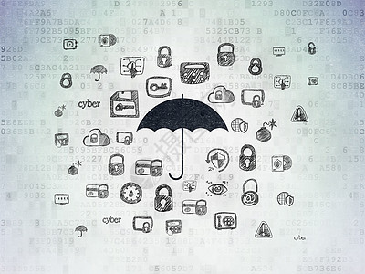 数字数据纸背景上的安全概念伞雨伞涂鸦政策保卫裂缝攻击天篷别针阳伞绘画背景图片