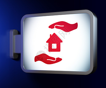 保险概念 广告牌背景的房屋和棕榈蓝色抵押账单展示风险投保人3d合同建筑广告图片